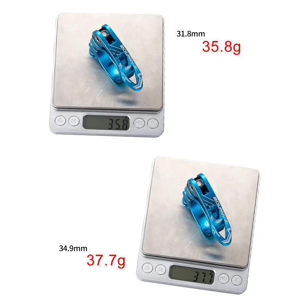 Aluminium bicycle seat post clamp in choice of black, blue, gold, or red colour
