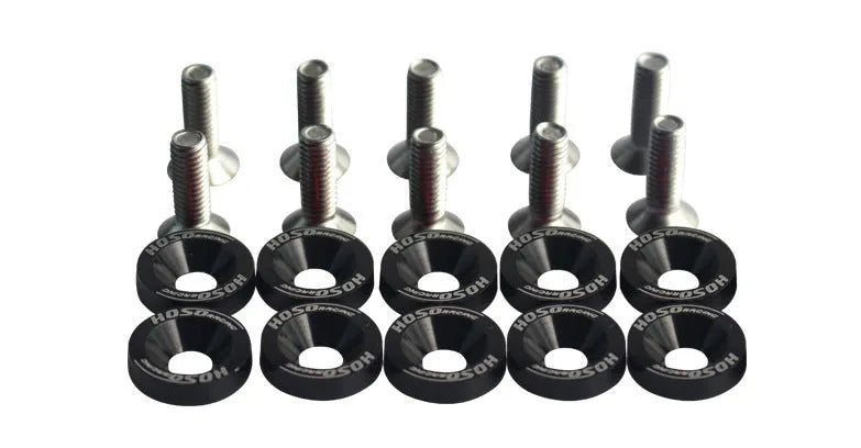 Ten car modification gasket screws in assorted colours on a dark background