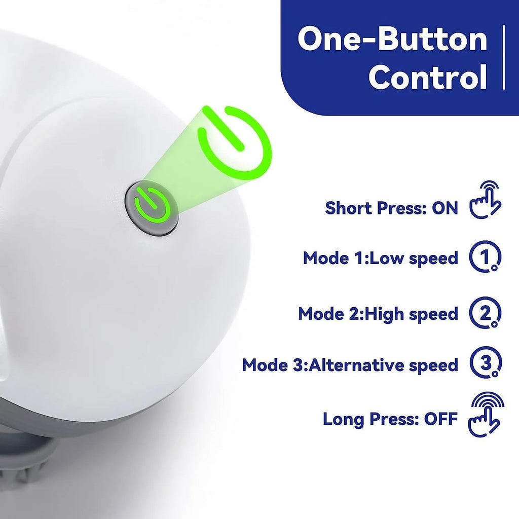 Electric handheld pet massager with four rotating heads in blue, green, red, or white colour