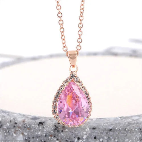 Drop-shape alloy necklace with rhinestone inlay available in eight electroplated colour finishes