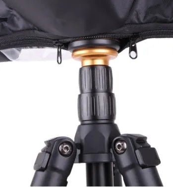 Single lens reflex camera with long focus lens fitted with a rainproof cover for outdoor wet weather protection