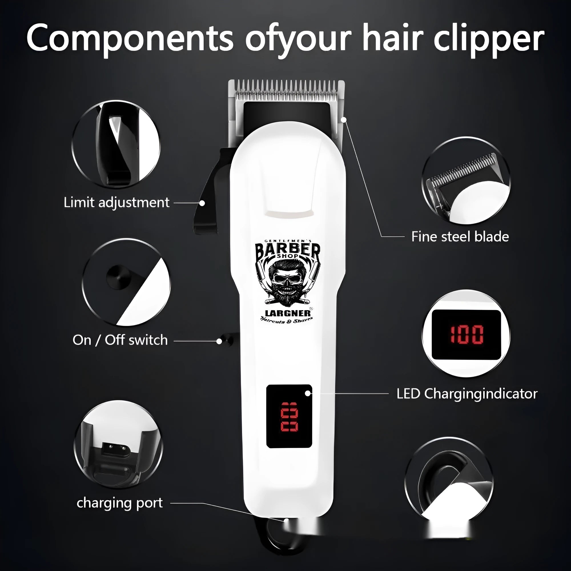 USB rechargeable hair clipper with stainless steel cutter head and four guide combs