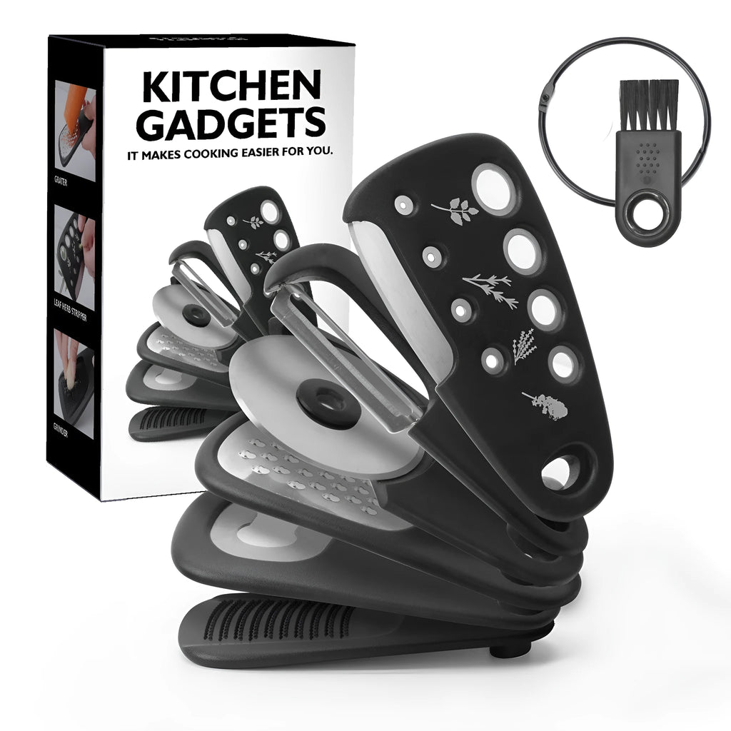 6 stackable kitchen gadgets with PP handles and stainless steel parts in a colour box
