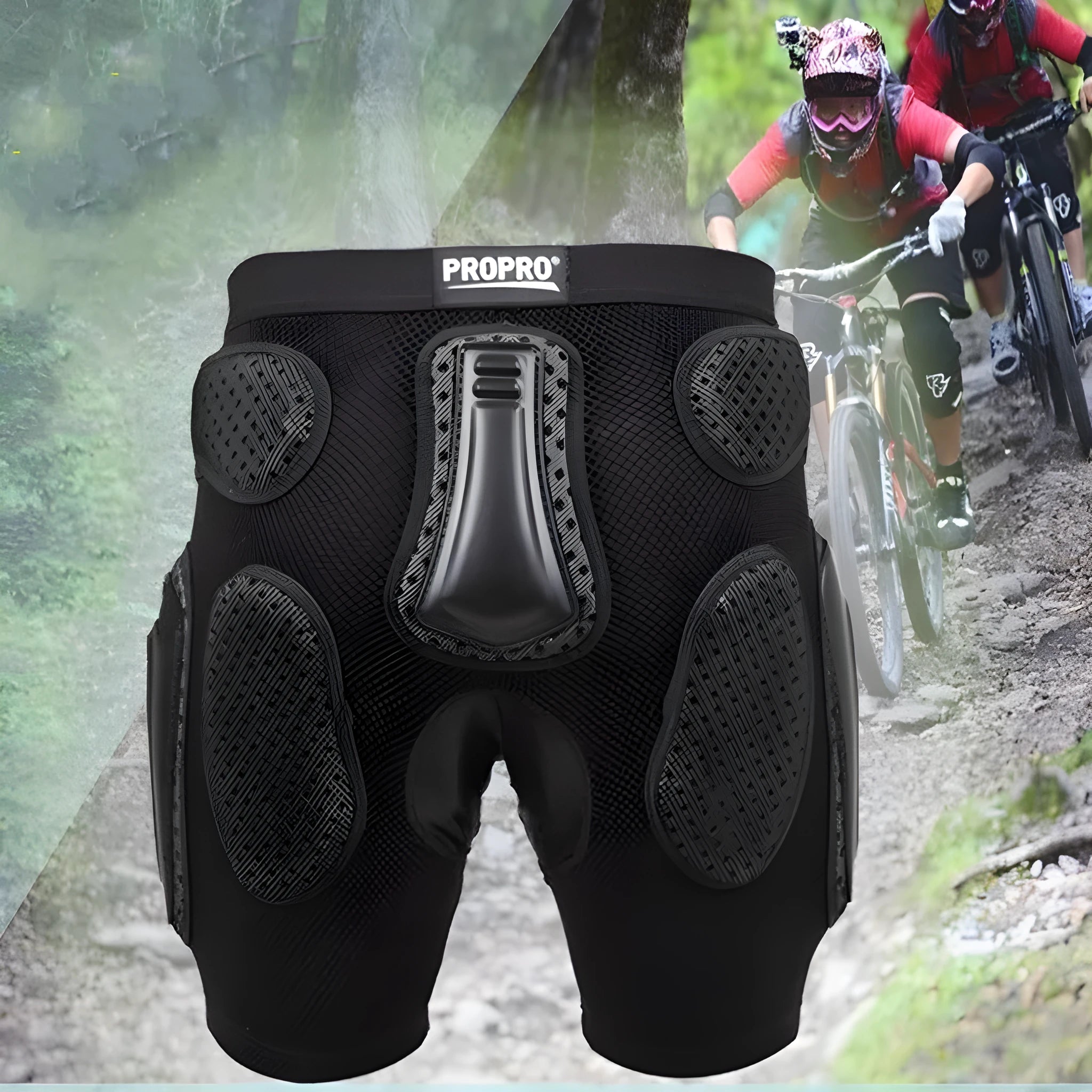 Black cycling hip protection pants showing the integrated protective pad, available in sizes S, M, L, and XL.
