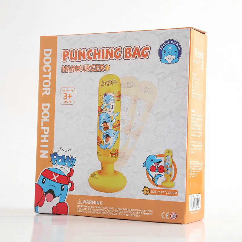 Inflatable boxing column in yellow hamburger colour standing on floor