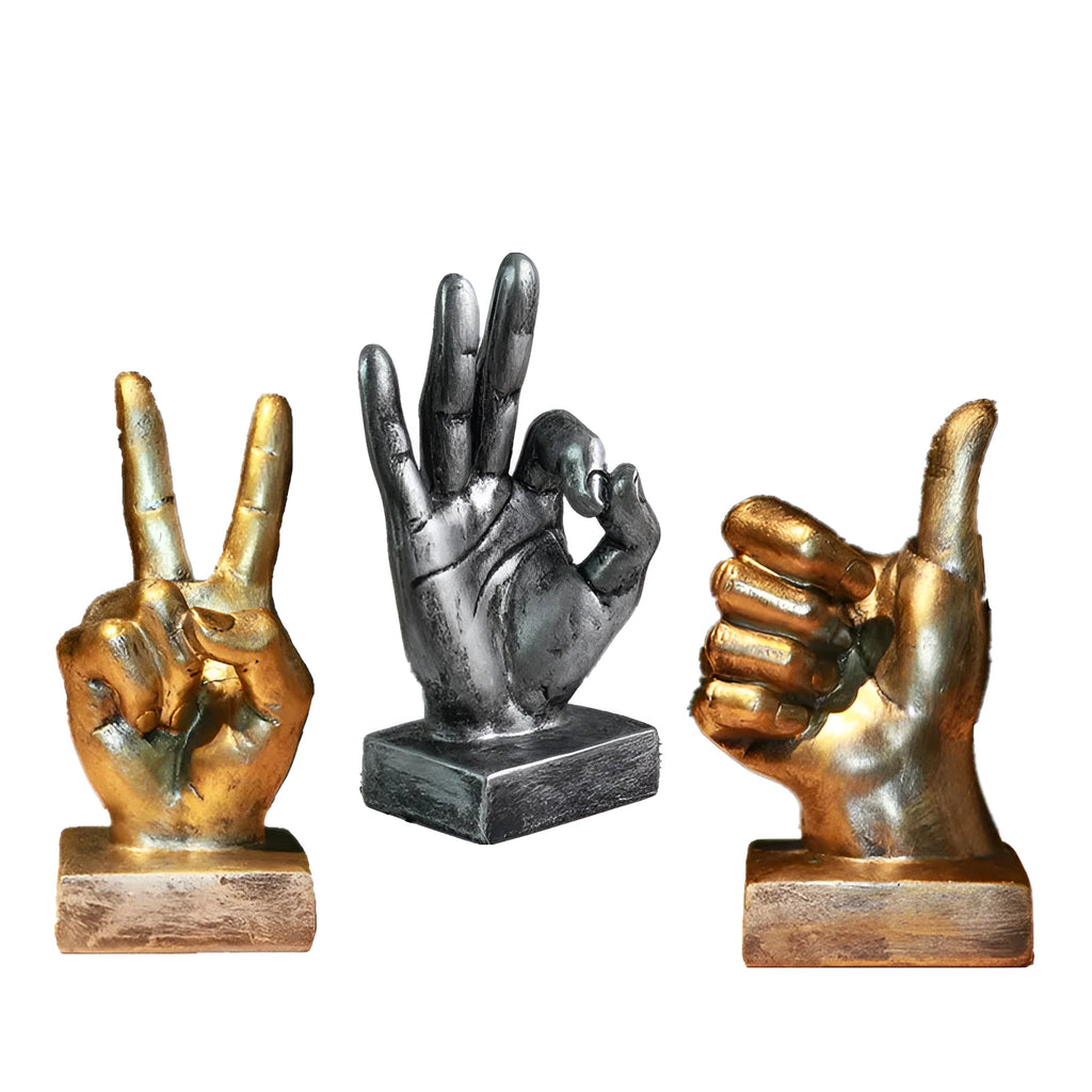 Resin gesture ornament in silver OK hand sign on desktop, blessing home decoration