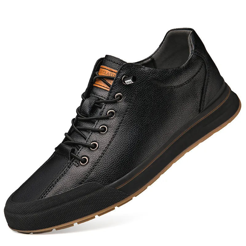 Men's white leather casual shoes with round toe and flat heel design