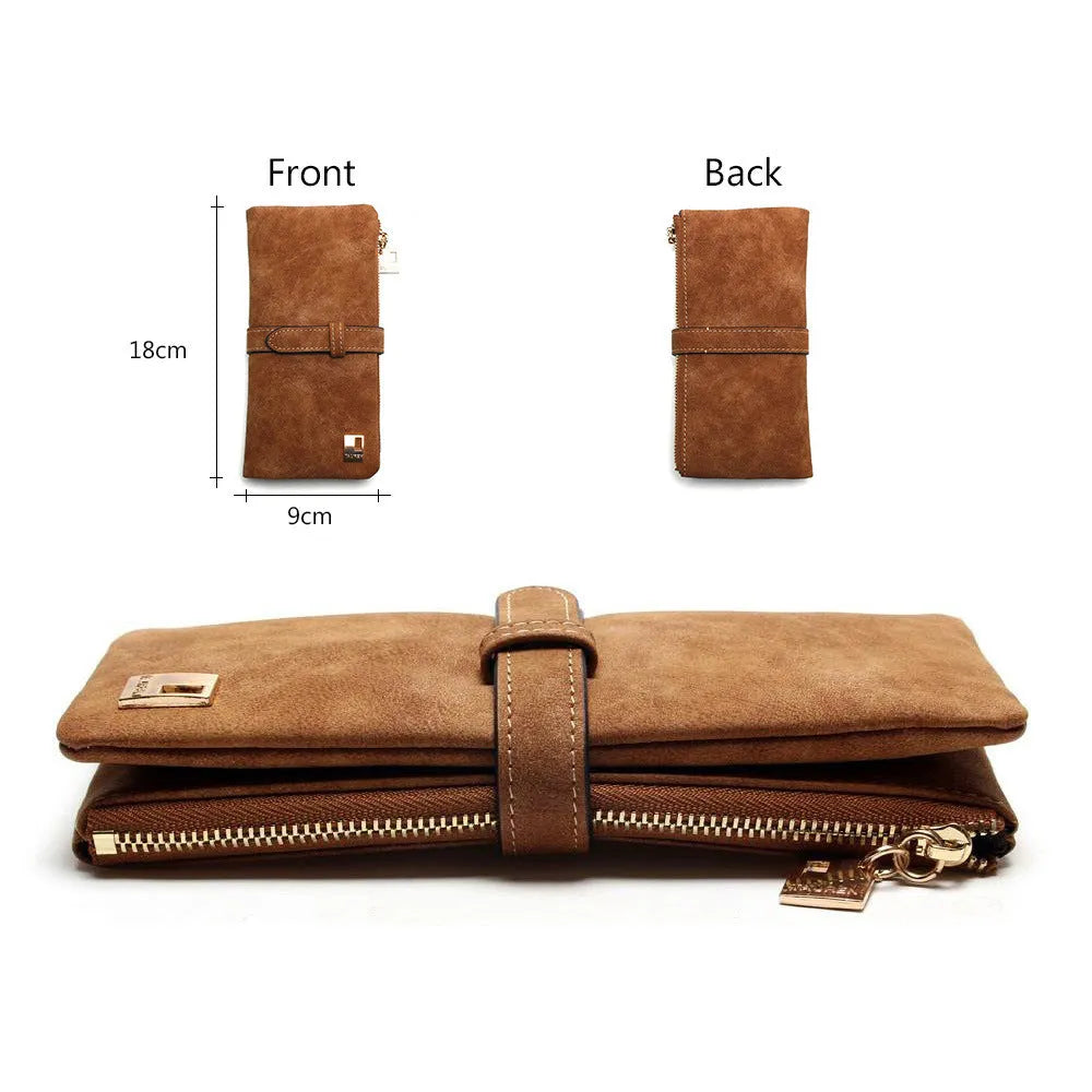 Women's retro matte PU leather long wallet with zip closure showing internal card slots and compartments