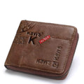 Men's genuine coffee leather zip wallet with vintage locomotive motif, open showing card slots and coin pocket