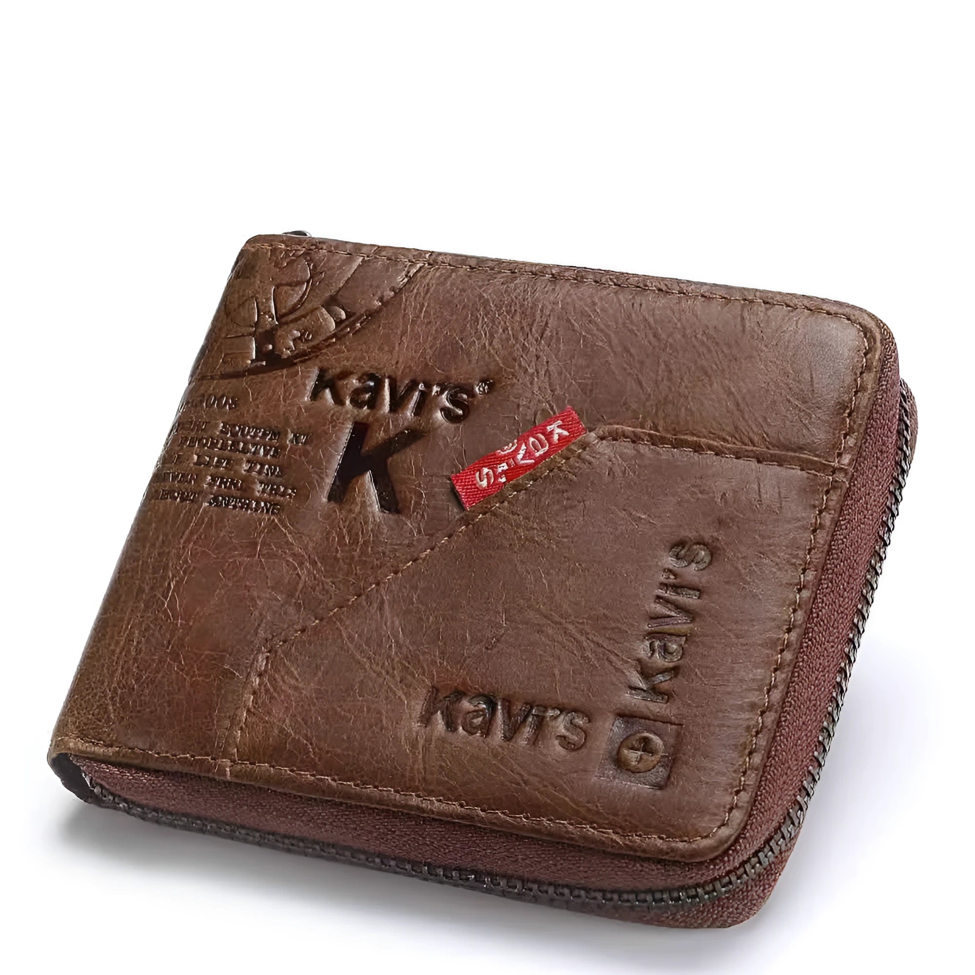 Men's genuine coffee leather zip wallet with vintage locomotive motif, open showing card slots and coin pocket