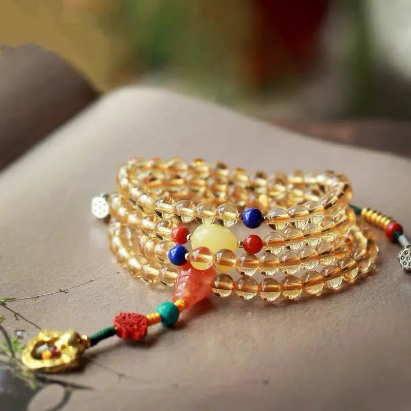 Natural Brazil citrine bracelet with 1mm yellow beads on filament string