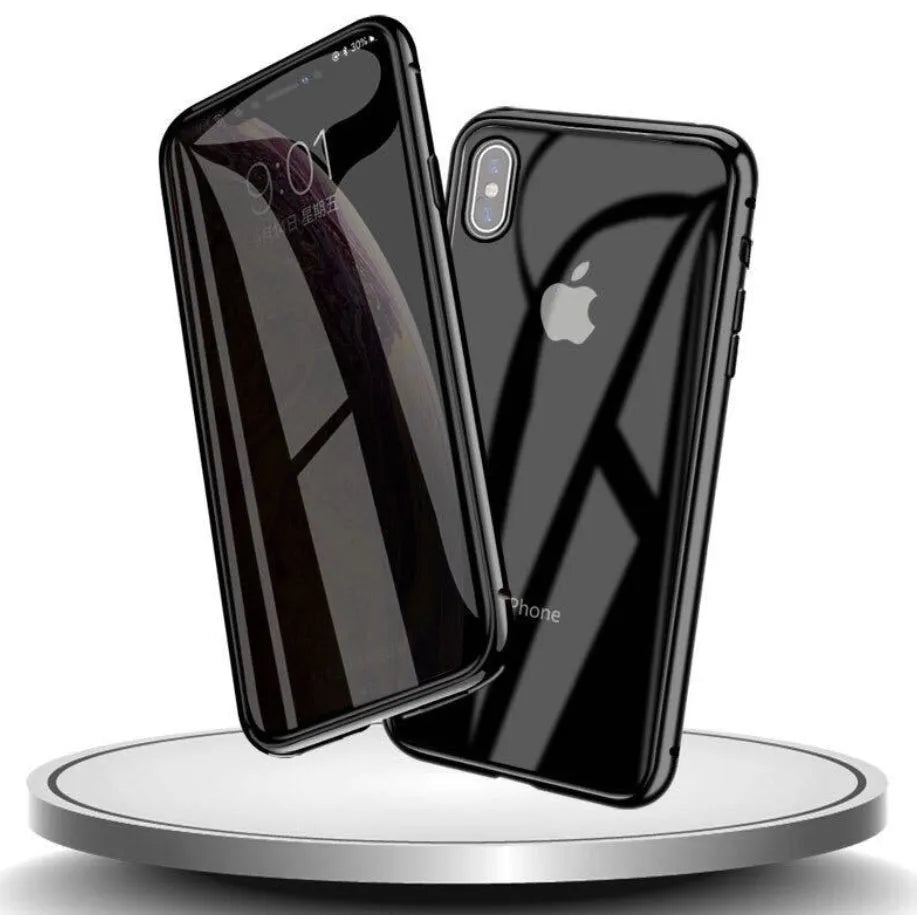 Glass anti-spy clamshell phone case in six colours for various iPhone models.