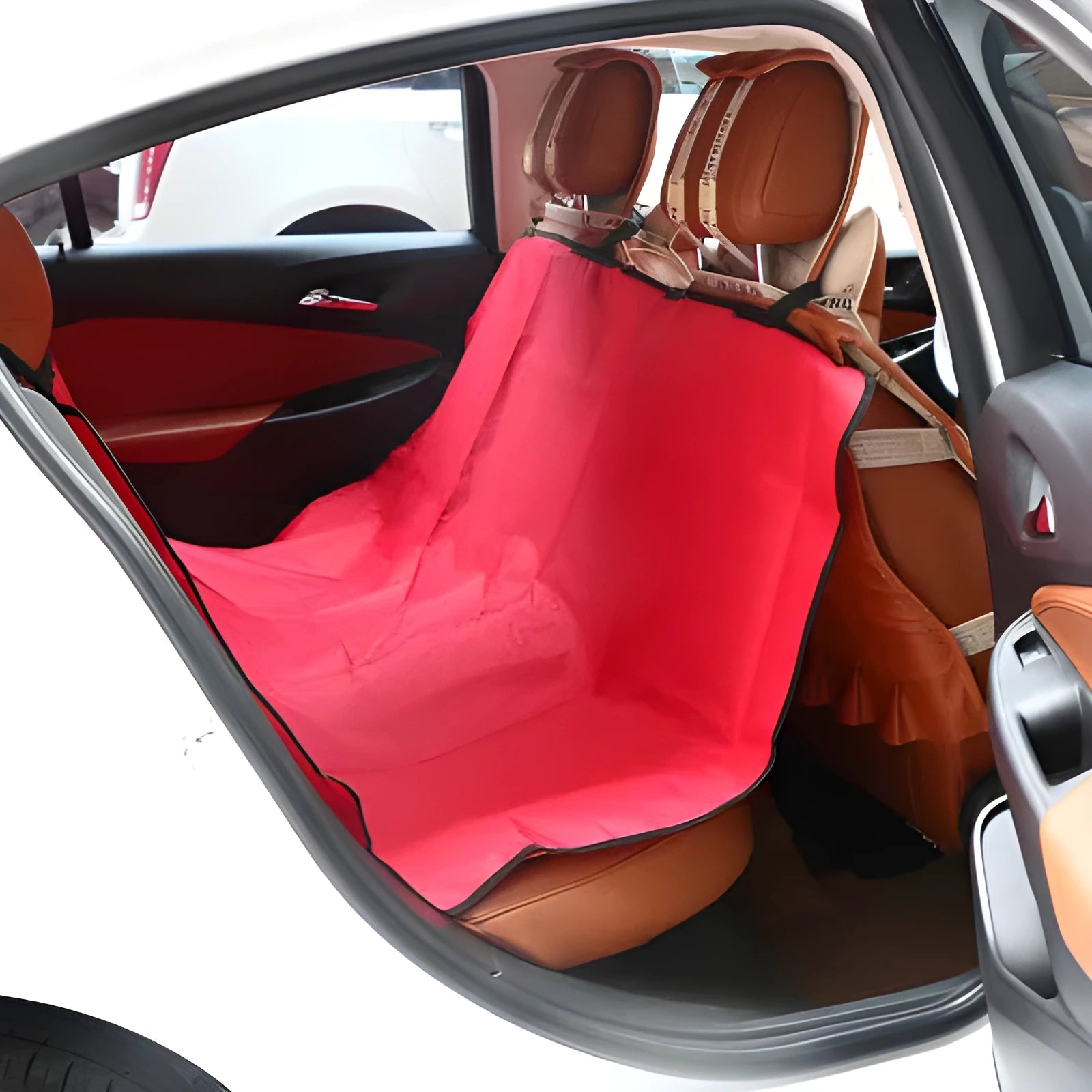 Red waterproof pet seat cushion measuring 135cm square on a car seat