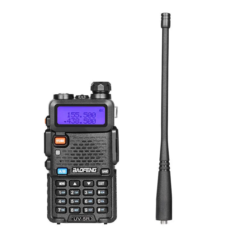 Black walkie talkie with antenna showing LCD display showing channel 1