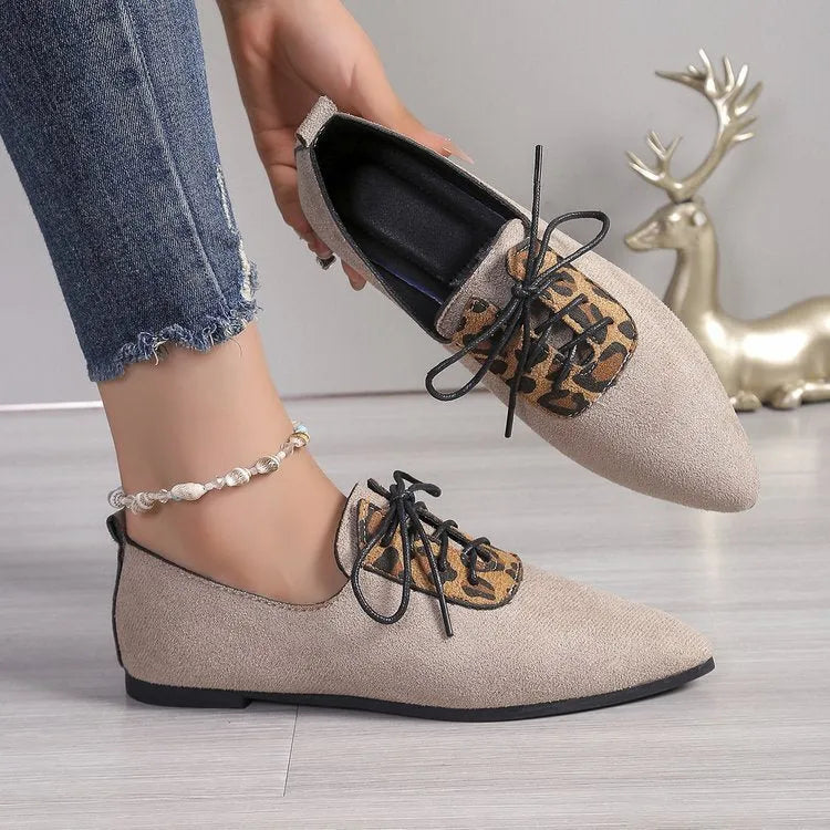 Beige leopard print women's pumps with pointed toe and high heel in plus sizes