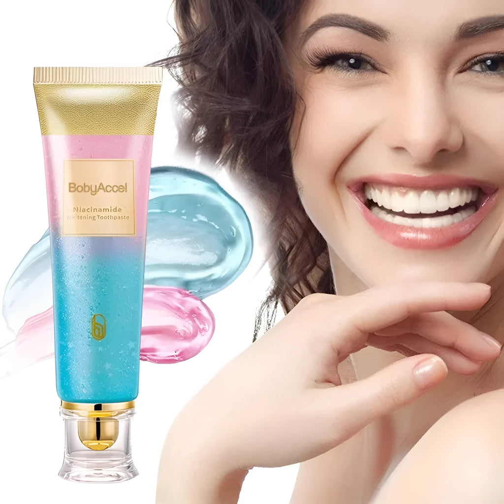 100g tube of nicotinamide whitening toothpaste for adult men and women on a blue background.