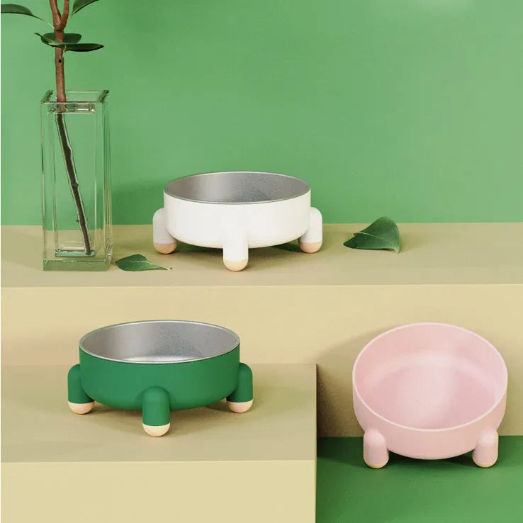 Green non-slip stainless steel raised pet bowl with anti-overturn base for dogs and cats.