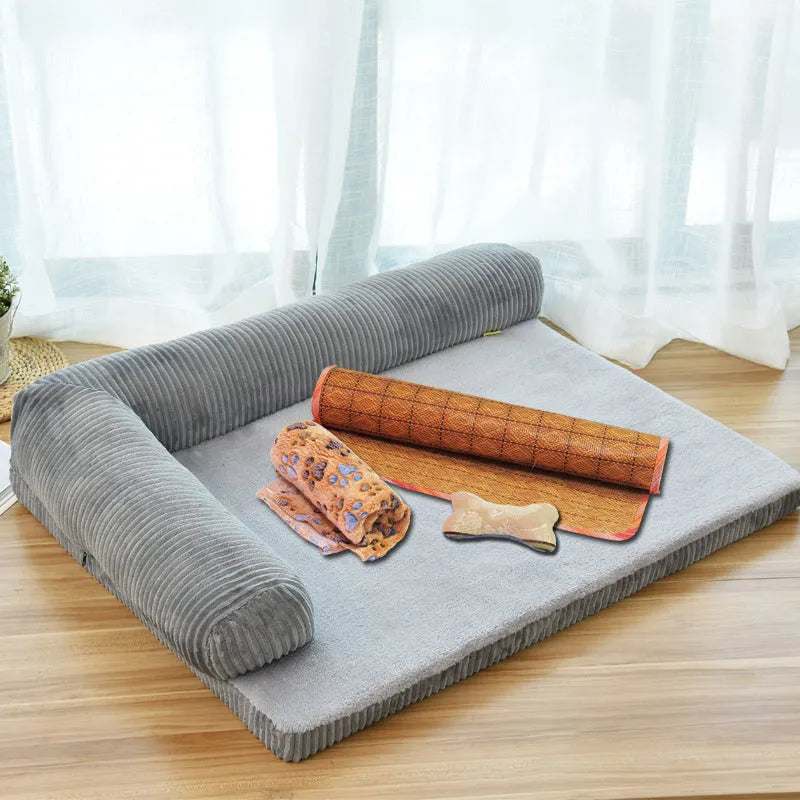 Corduroy pet dog sofa bed with non-slip base in a neutral colour on a wooden floor