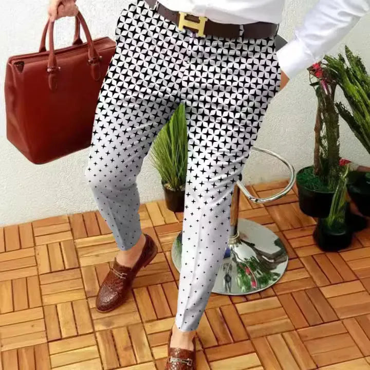 Men's slim-fit plaid casual trousers in a straight-leg style on a neutral background.