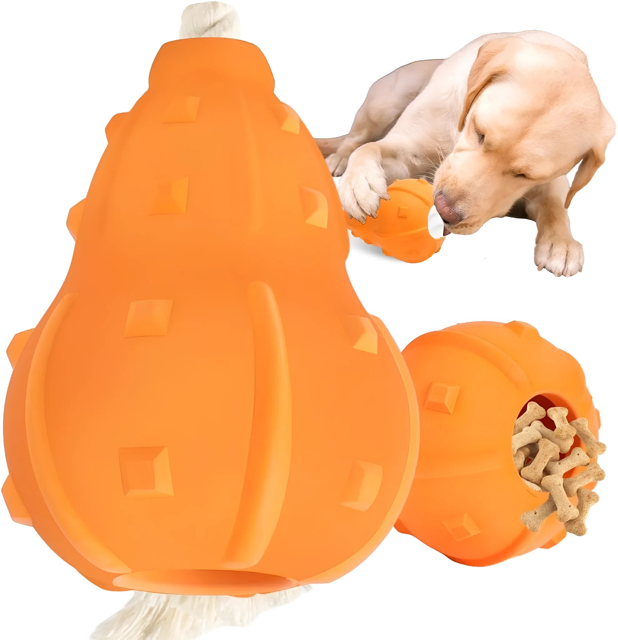 Natural rubber dog toy with treat-dispensing hollow centre and longer strap for fetch and tug