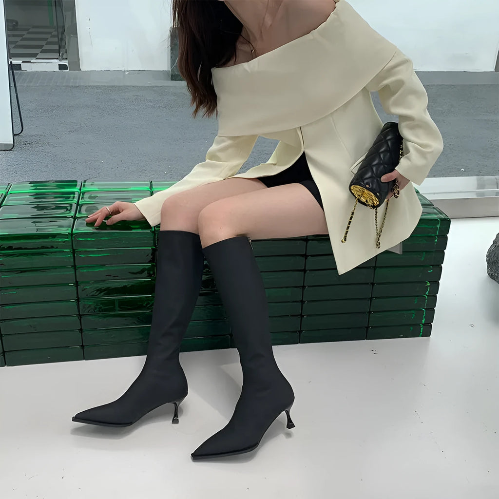 Black pointed toe women's below-the-knee stiletto boots with a back zipper on a white background