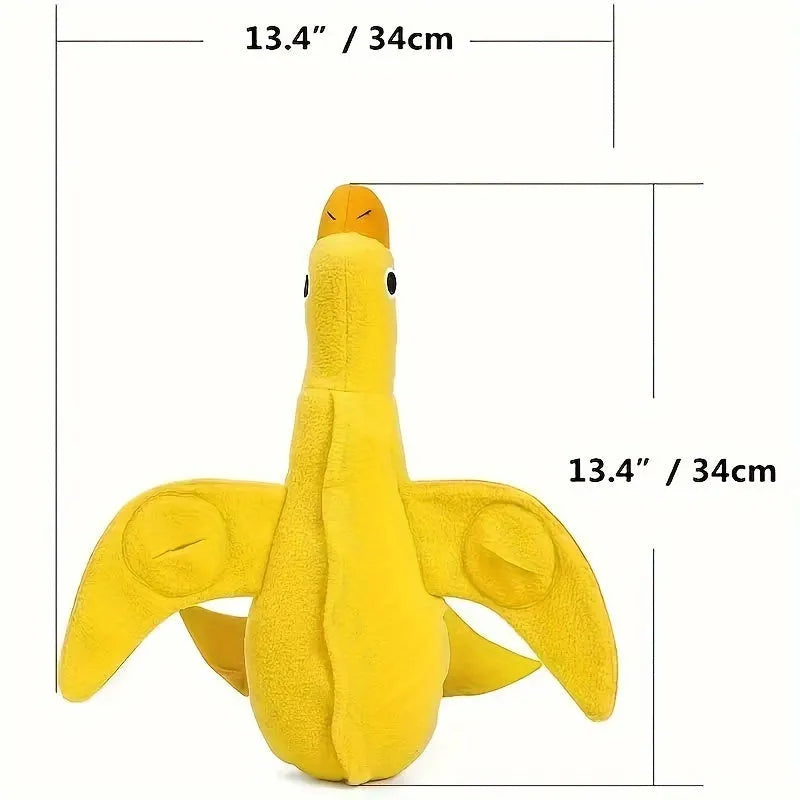 Yellow plush teddy dog toy with a attached duck doll and visible treat pockets on a white background.