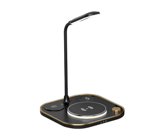 Three-in-one wireless magnetic charger with desk lamp showing 15W fast charging and three-device capability