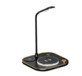 Three-in-one wireless magnetic charger with desk lamp showing 15W fast charging and three-device capability