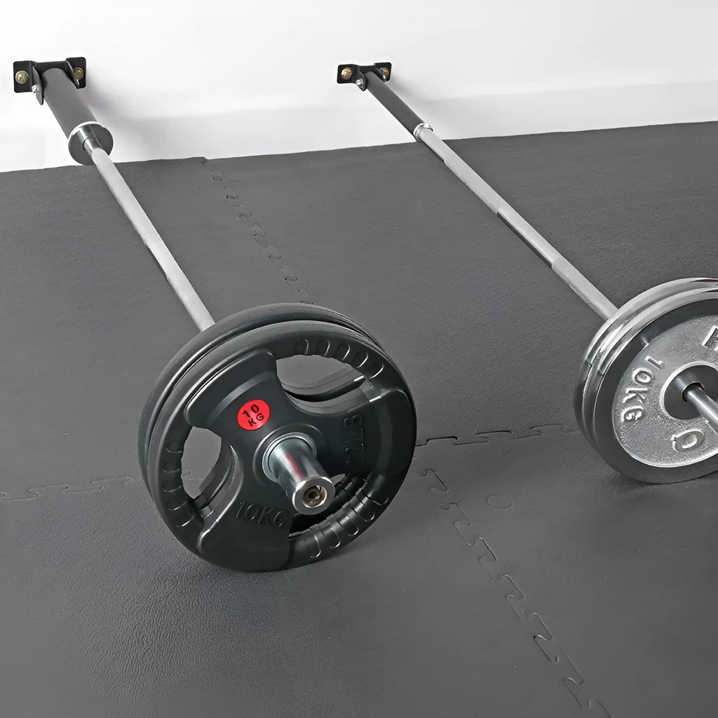 Steel wall barbell rack with 25 tubes for barbell storage in home gym