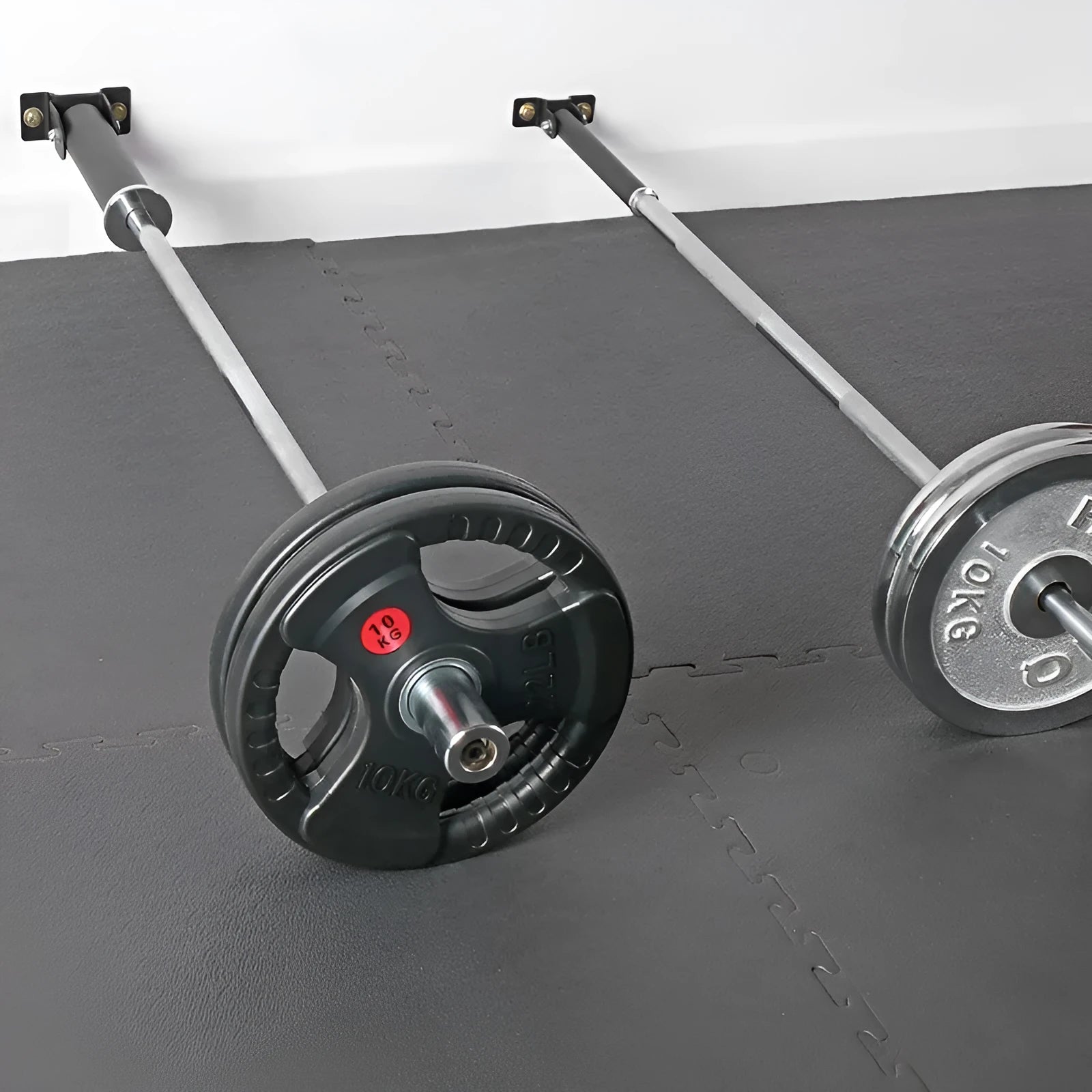 Steel wall barbell rack with 25 tubes for barbell storage in home gym
