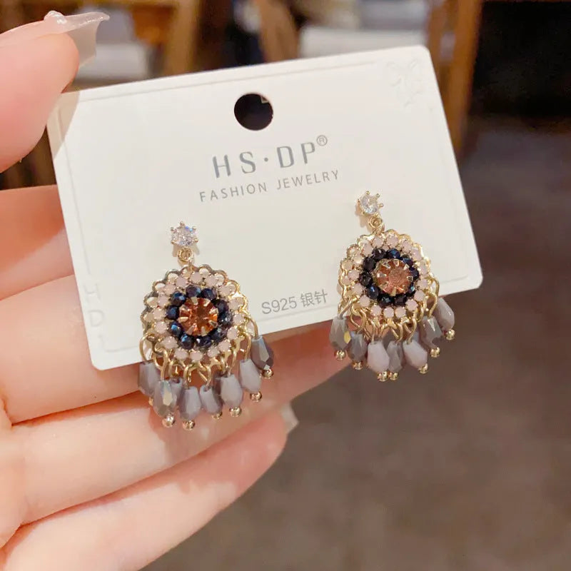 Diamond embedded round crystal tassel earrings thick gold plated copper geometric drop blue purple women's jewellery