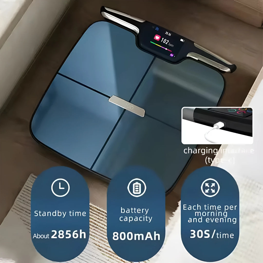 Black eight-electrode body fat scale measuring 45x45cm