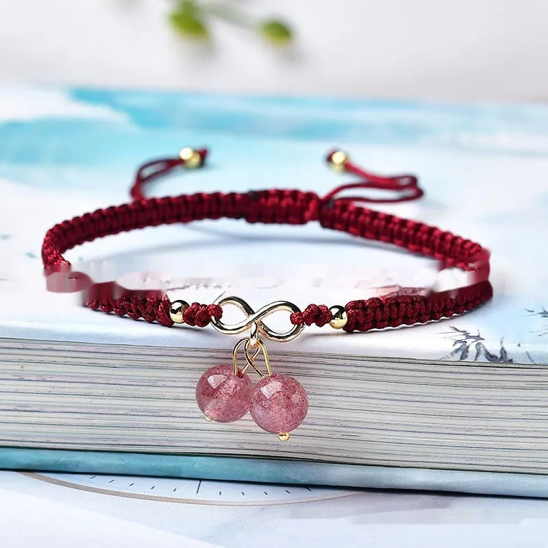 Women's natural strawberry quartz cherry bracelet with crystal beads and fruit-shaped design