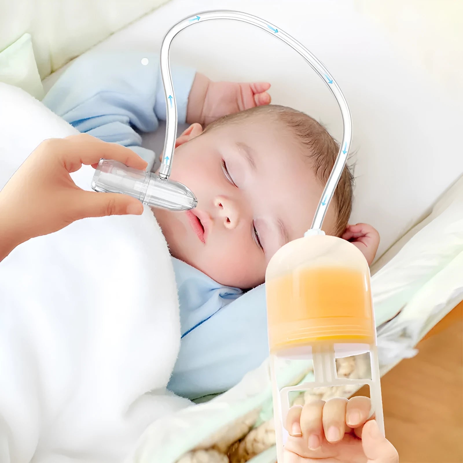 Hand-held baby nasal cavity cleaner in peacock blue with soft silicone tip and anti-backflow design