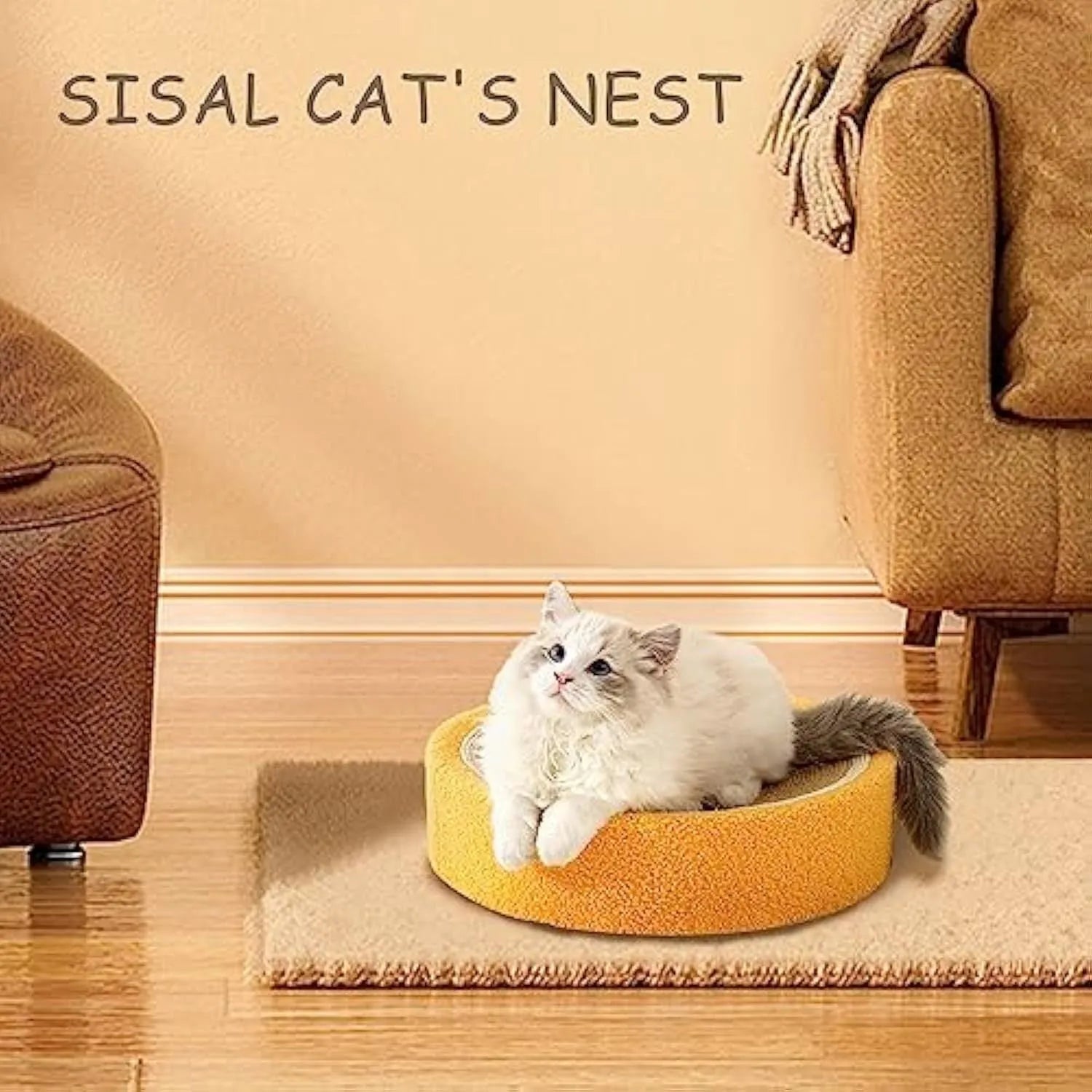 Orange round fruit-shaped sisal cat scratching board and bed for small breed cats.