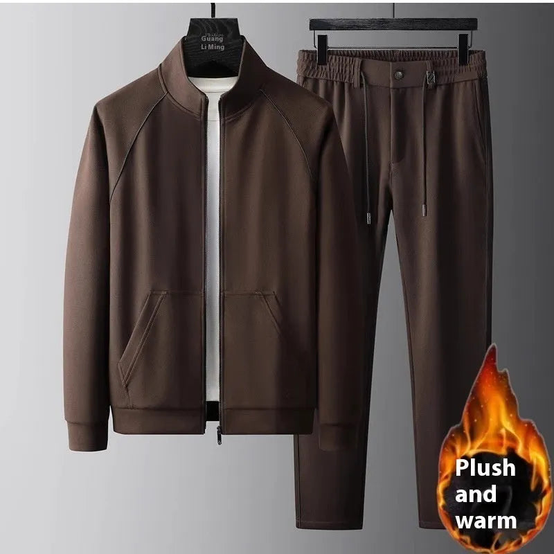 Men's slim fit stand collar casual sports suit set in a choice of colours, featuring a coat and matching trousers.