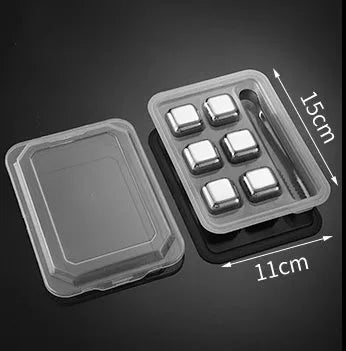 8-piece stainless steel whiskey stones set with tongs in plastic box, various shapes including squares and diamonds