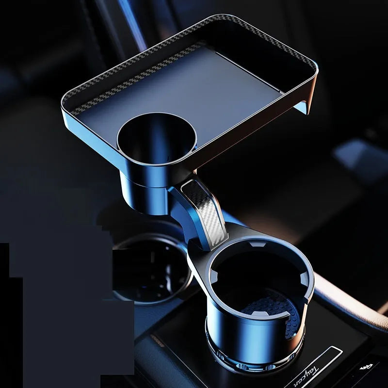 Black car-mounted rotating dinner tray holder with cup holder attachment