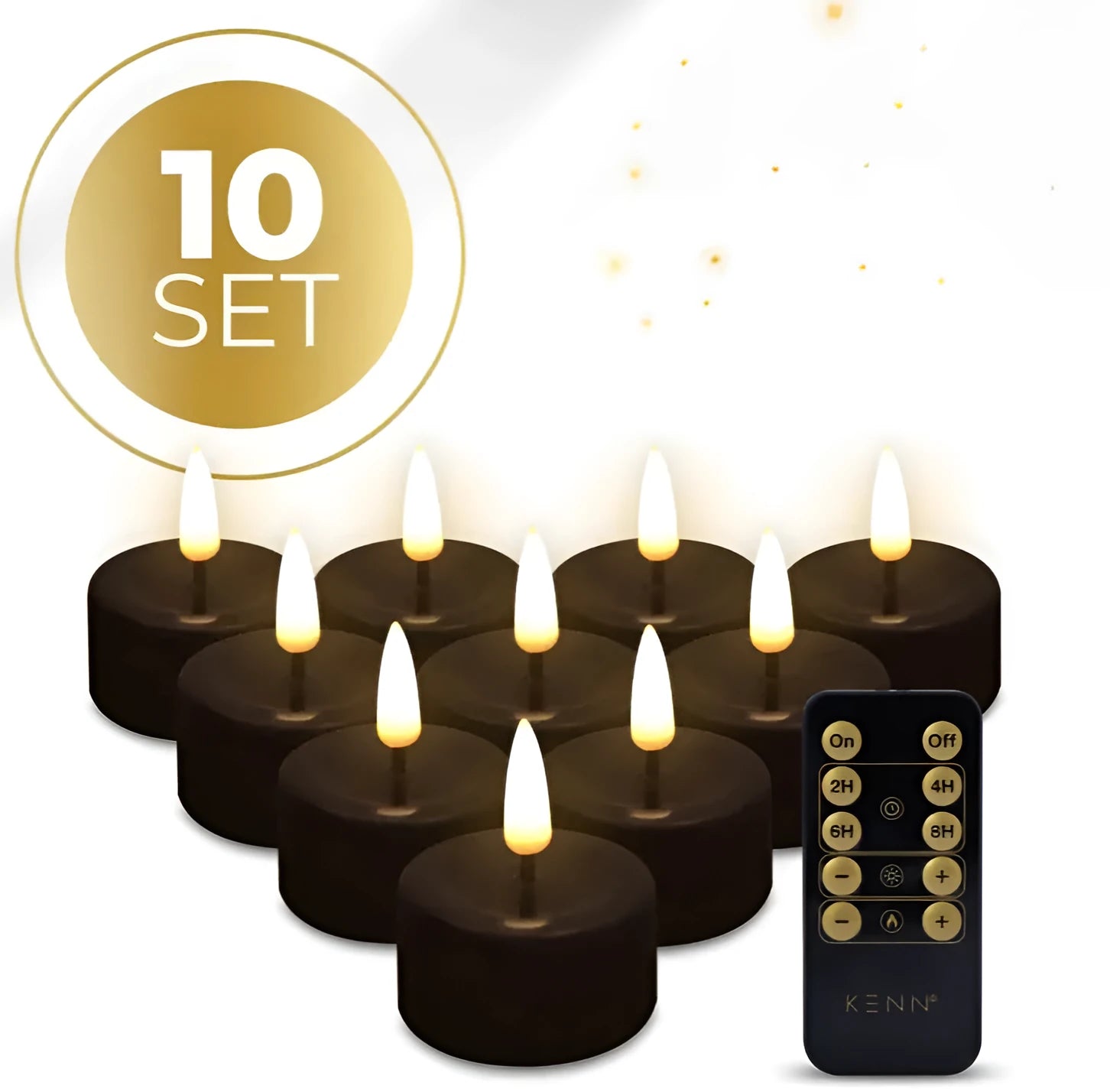 Four black LED tealight candles with flickering flame effect, shown from above.