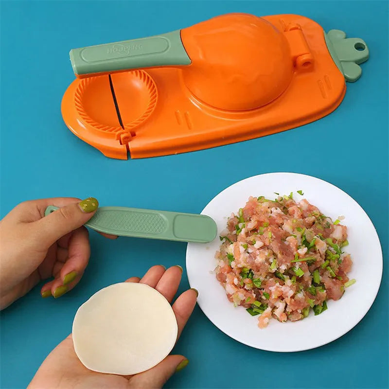 2-in-1 plastic dumpling dough press maker in orange and white, with ergonomic handle and hanging hole for storage