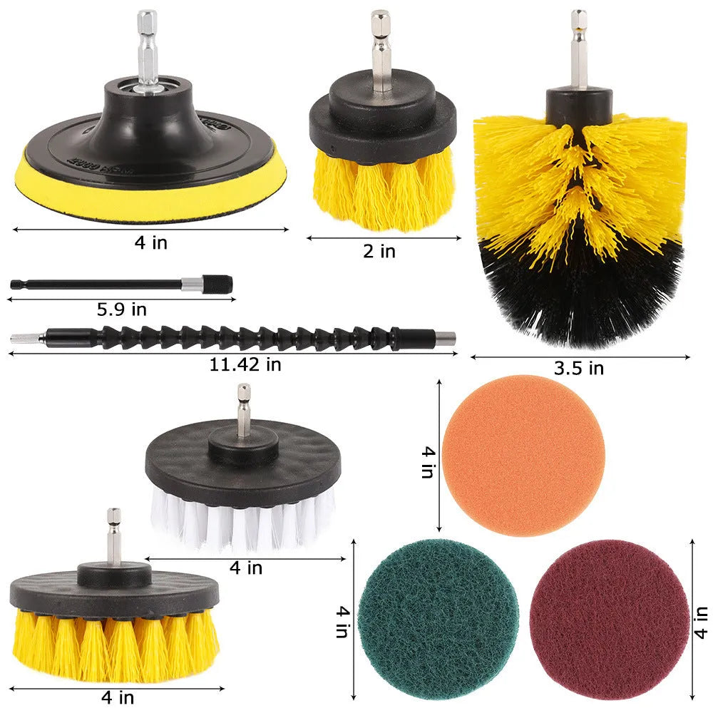 Multifunctional electric drill brush set with PP bristle heads for cleaning kitchen floor and car tyres