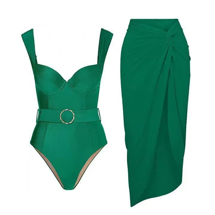 Women's polyester one-piece swimsuit with skirt option in multiple shoulder styles