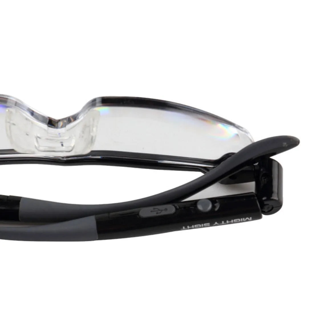 Transparent black USB LED reading glasses with on-frame light.