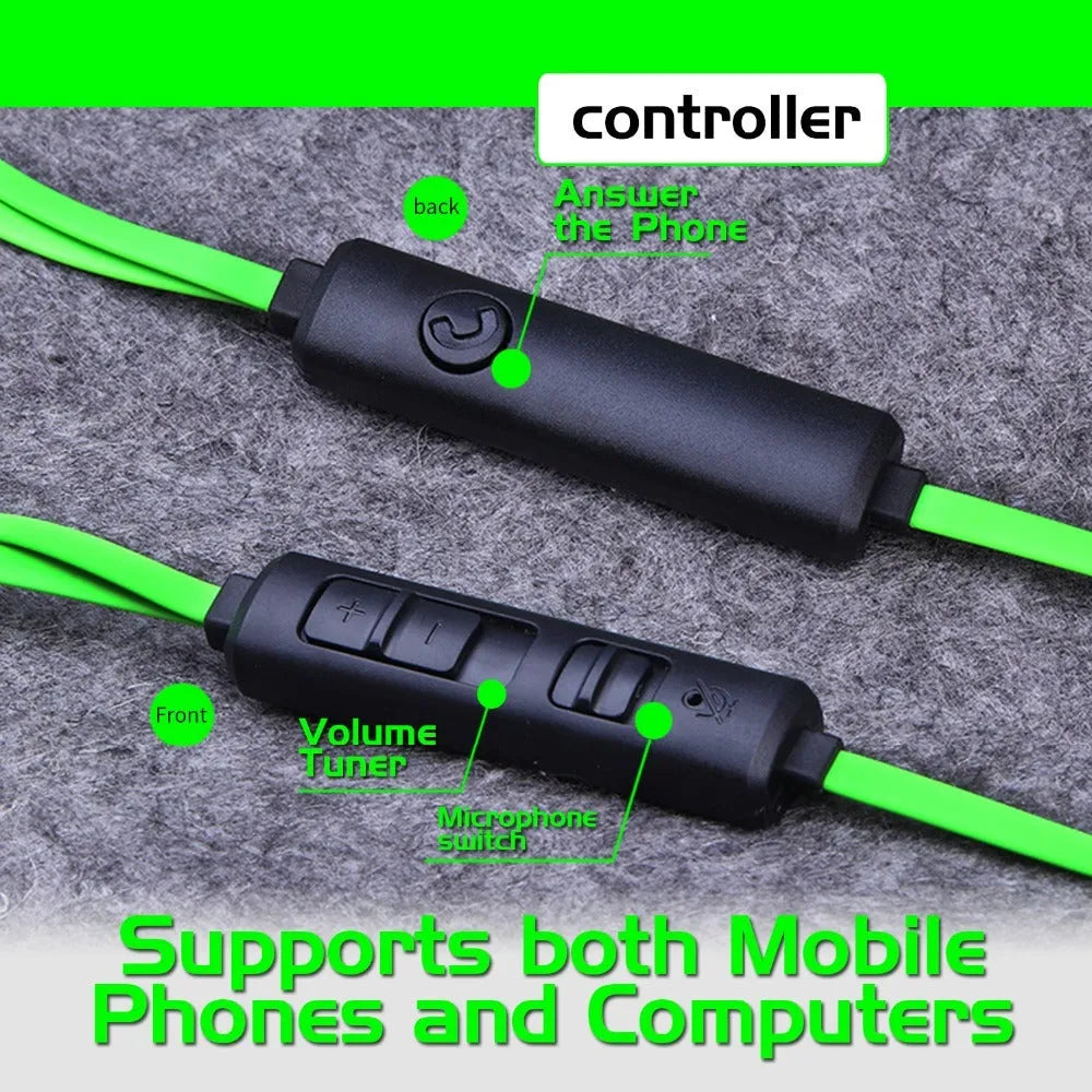 Wired in-ear computer gaming headset in black, green, or red colour with 1.5cm cable