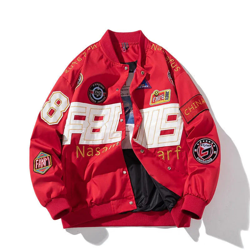 Black American motorcycle-style loose-fit baseball jacket with side seam pocket, shown as part of a couples uniform.