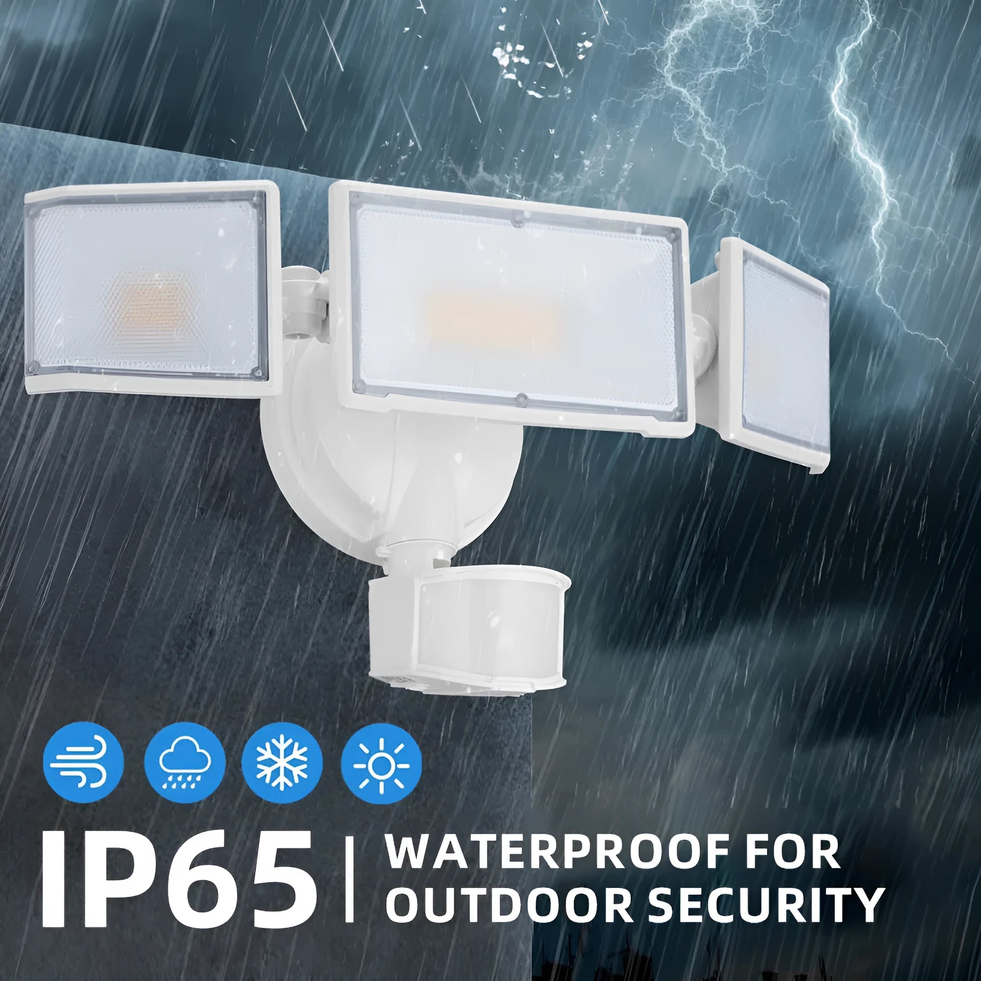 White outdoor LED security floodlight with motion sensor mounted on wall bracket