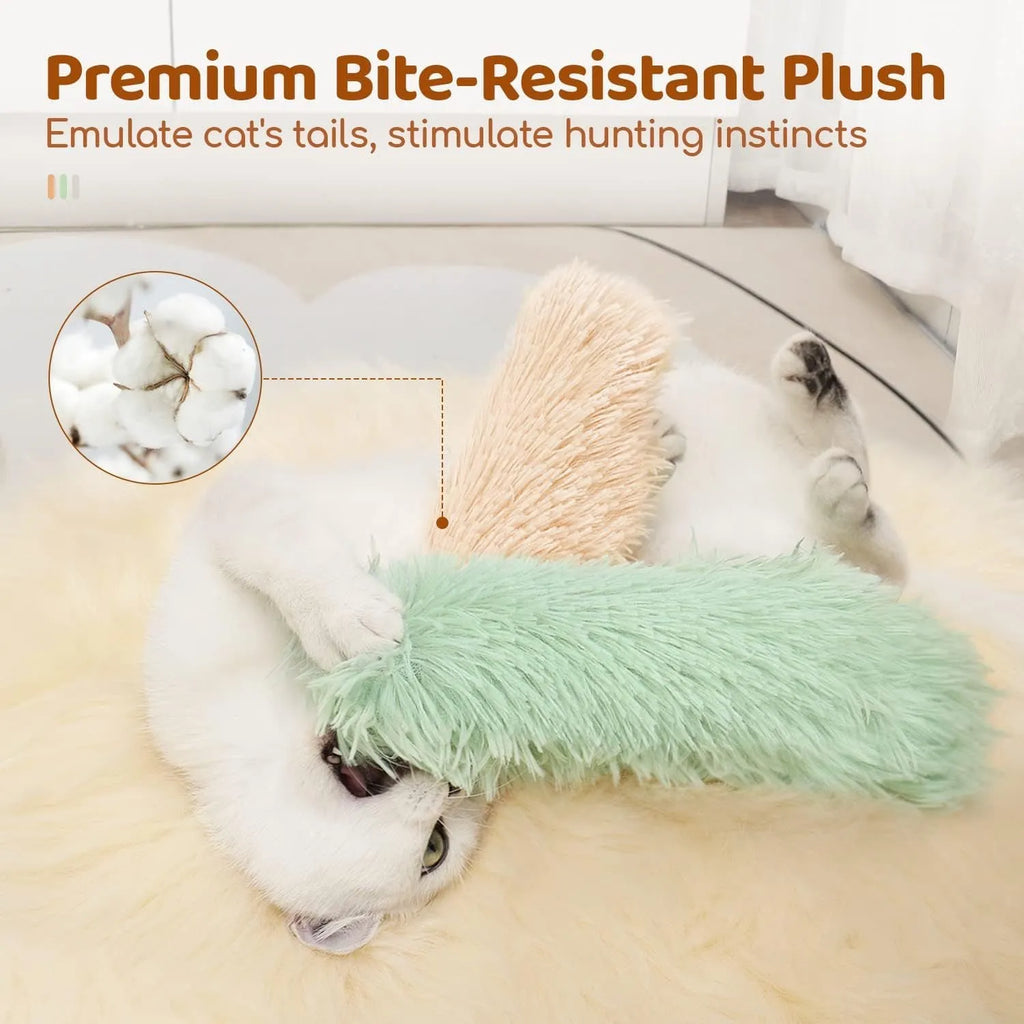 Blue, green, pink, and white cat plush toy pillow measuring 27 by 10 centimetres