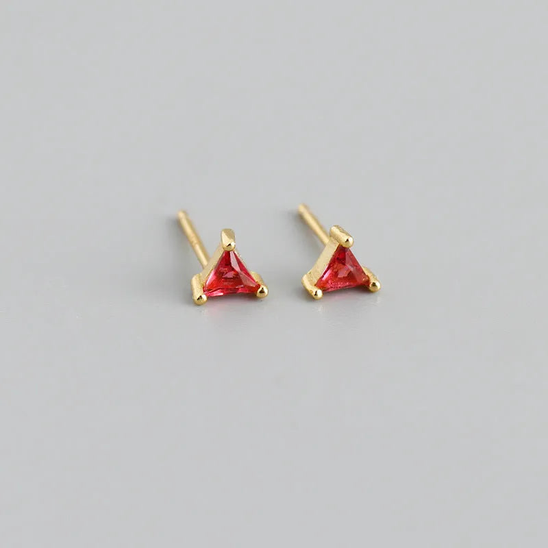 Simple triangle colour zircon stud earrings S925 silver geometric style for women with blue stone and golden needle