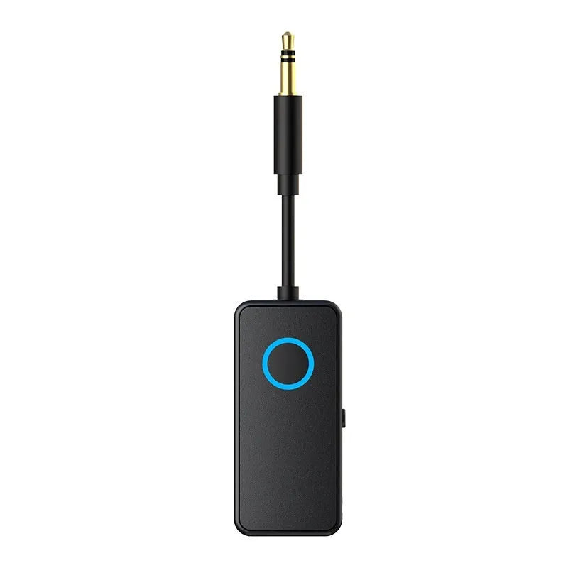 Black Bluetooth 5.4 audio adapter with flexible 3.5mm aux plug for wireless car and home audio connectivity
