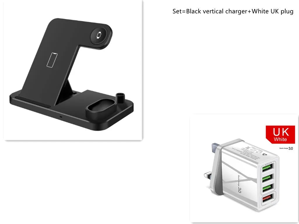 Black 4-in-1 wireless charging station for iPhone, Apple Watch, AirPods and Apple Pencil on a desk